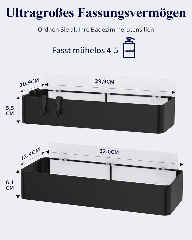 Kitsure Shower Shelf No Drilling - Pack of 2 Rustproof Bathroom Organiser, Quick Drying Bathroom Shelf No Drilling with Large Capacity, Durable Shampoo Holder for Shower, Large, White, Black - Image 3