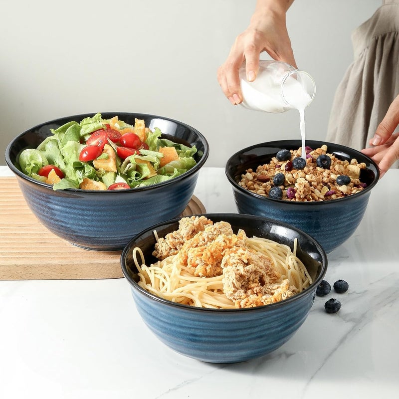 Hasense Mixing Bowls Ceramic Serving Bowls Set for Cooking Baking Prepping Large Nesting Bowls for Salads Fruit Popcorn Christmas Gift 211510 Qt Dishwasher  Microwave Safe Blue - Image 2