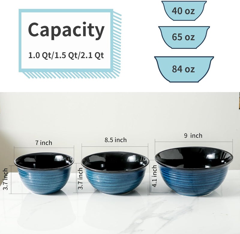 Hasense Mixing Bowls Ceramic Serving Bowls Set for Cooking Baking Prepping Large Nesting Bowls for Salads Fruit Popcorn Christmas Gift 211510 Qt Dishwasher  Microwave Safe Blue - Image 5