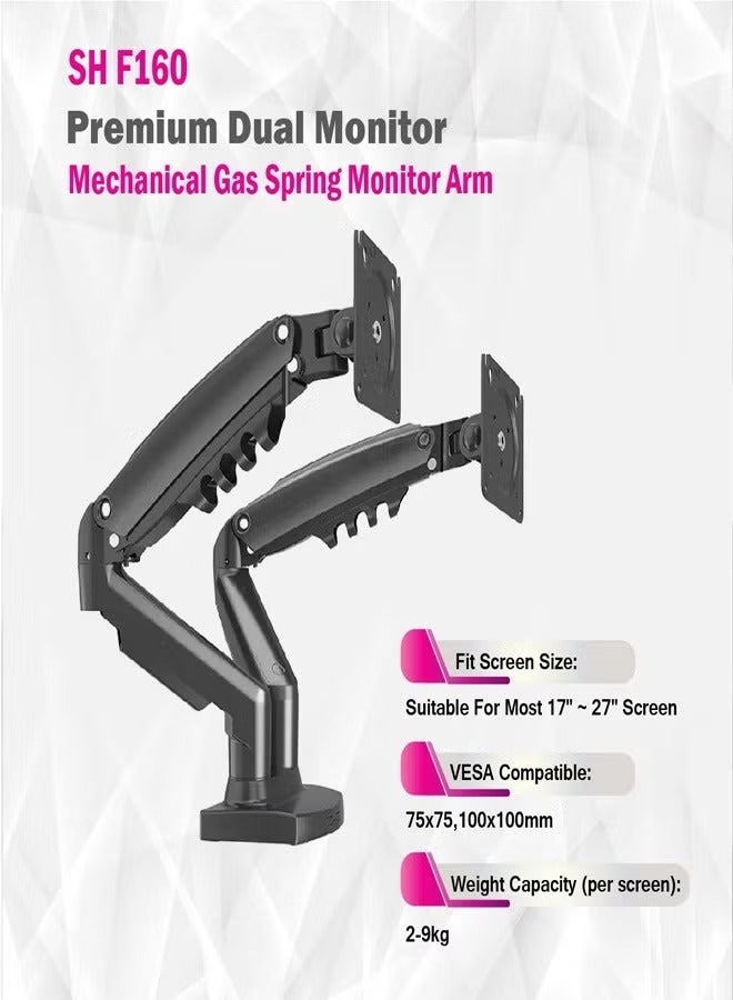 Skill Tech SH F160 Desk Mount Stand Full Motion Swivel Monitor Arm with Gas Spring for 17"-27" Monitors, VESA 100x100, 18kg Load Capacity – Black - Image 2