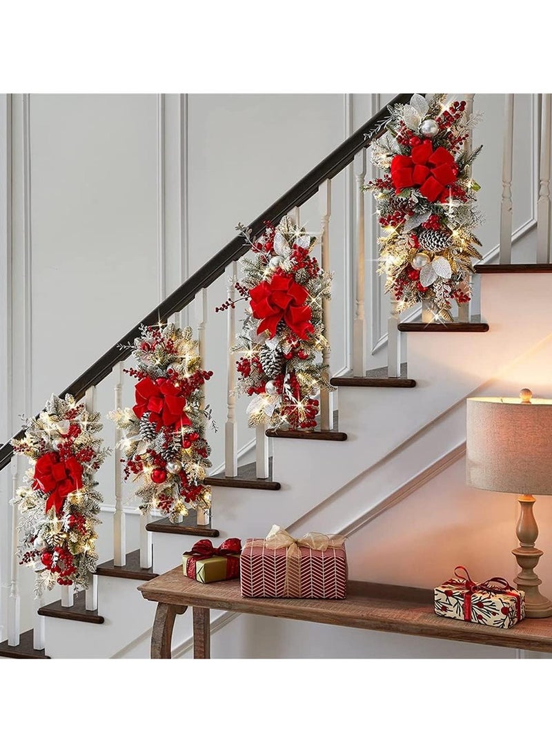 AUTOYSUR زينة عيد الميلاد الصناعية على الدرج، أكاليل عيد الميلاد مقاس 24 بوصة مع إضاءة LED، قلادة باب عيد الميلاد مضاءة مسبقًا لسور الدرج والجدار والنافذة وديكور عيد الميلاد (أحمر) - Image 2