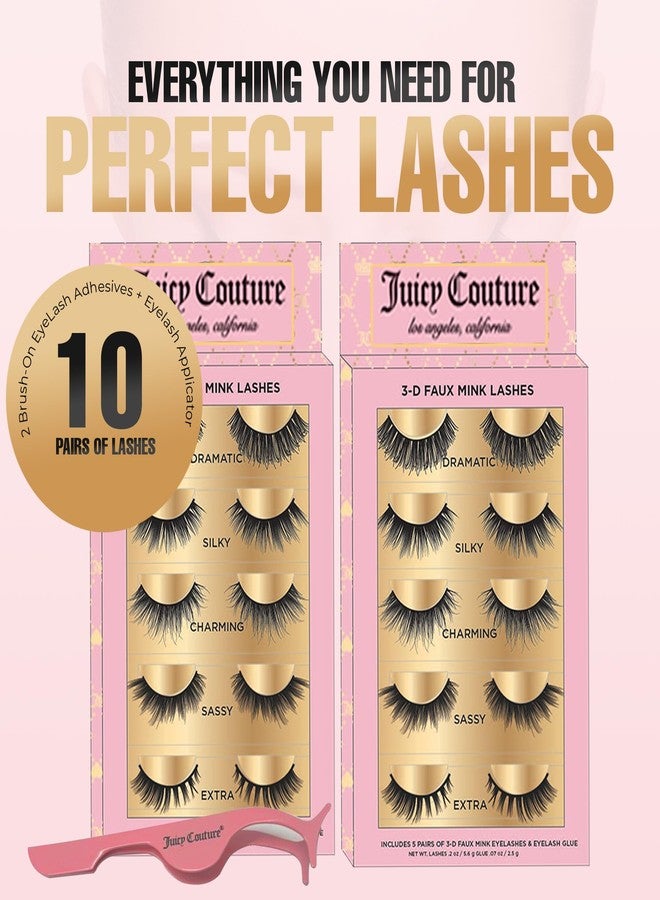 Juicy Couture رموش مزيّفة من الفرو - 10 أزواج من رموش 3D الوهمية على شكل عين قطة مع لاصق ومطبق، اختيار من 7 رموش فريدة كل يوم، مظهر طبيعي، كثيفة، طويلة جداً، درامية وسميكة - Image 3