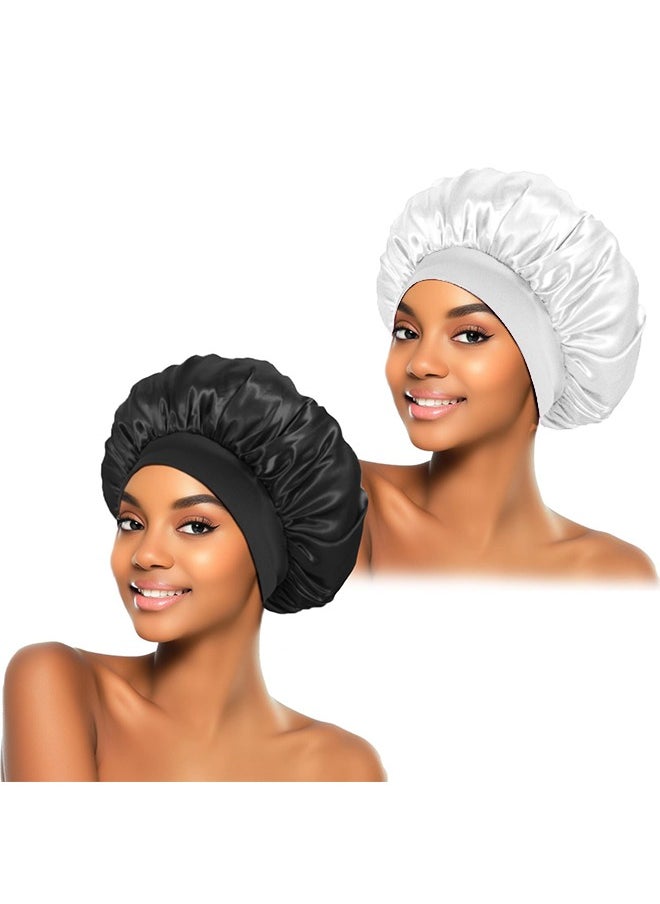 TTESL 2Pcs Silk Bonnet for Sleeping, Satin Hair Bonnets, Soft Elastic Band Silk Sleep Cap, Hair Wrap for Women(Black&White)  - Image 1