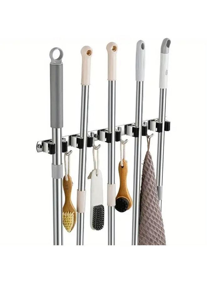 Black Heavy Duty Stainless Steel Wall Mounted Broom Holder With 5 Utility Hooks - Image 1