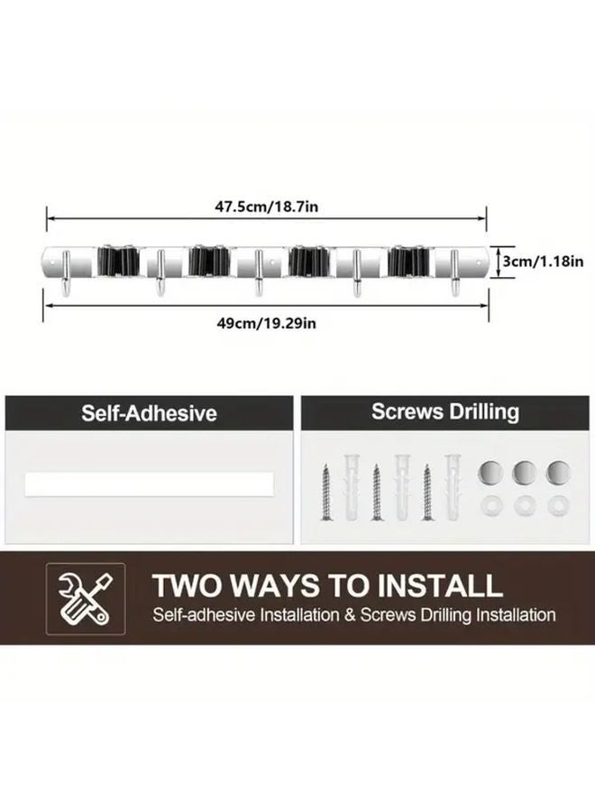 Black Heavy Duty Stainless Steel Wall Mounted Broom Holder With 5 Utility Hooks - Image 4