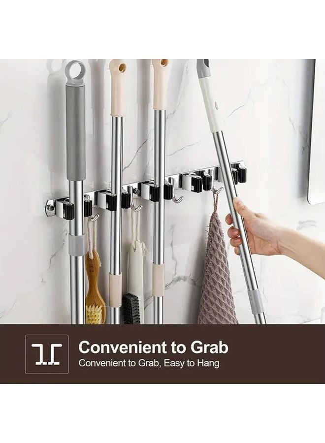 Black Heavy Duty Stainless Steel Wall Mounted Broom Holder With 5 Utility Hooks - Image 2