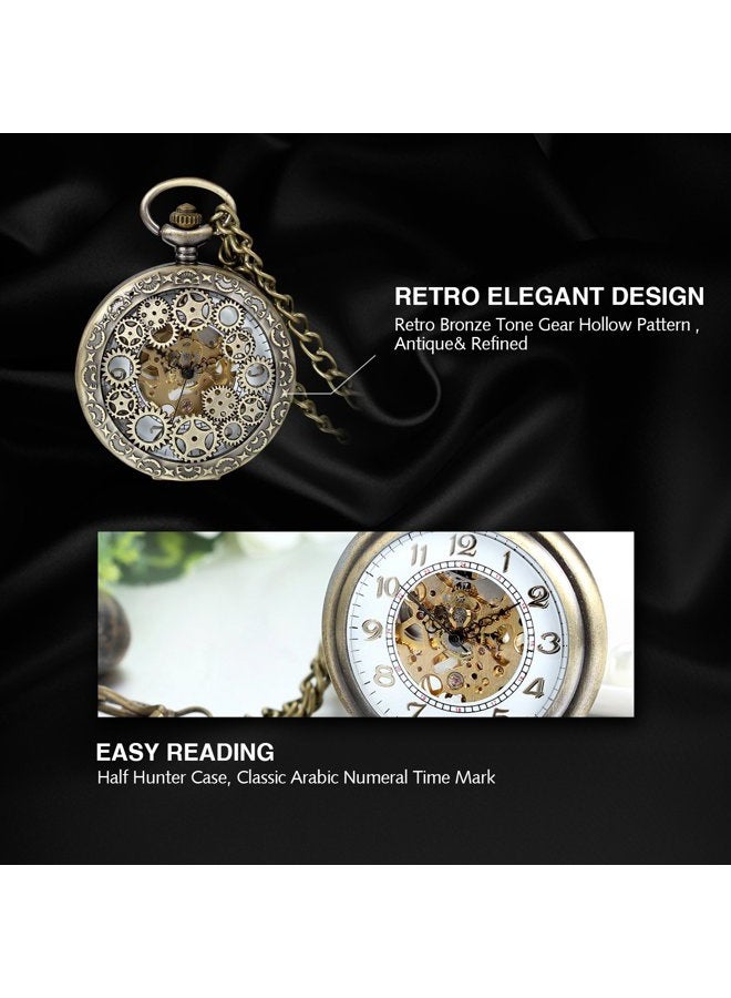 Avaner Steampunk Retro Half Hunter Copper Gear Skeleton Hand Wind Mechanical Arabic Numeral Analog Display Pocket Watch with 14Ã‚¡Ã‚± Chain - Image 4