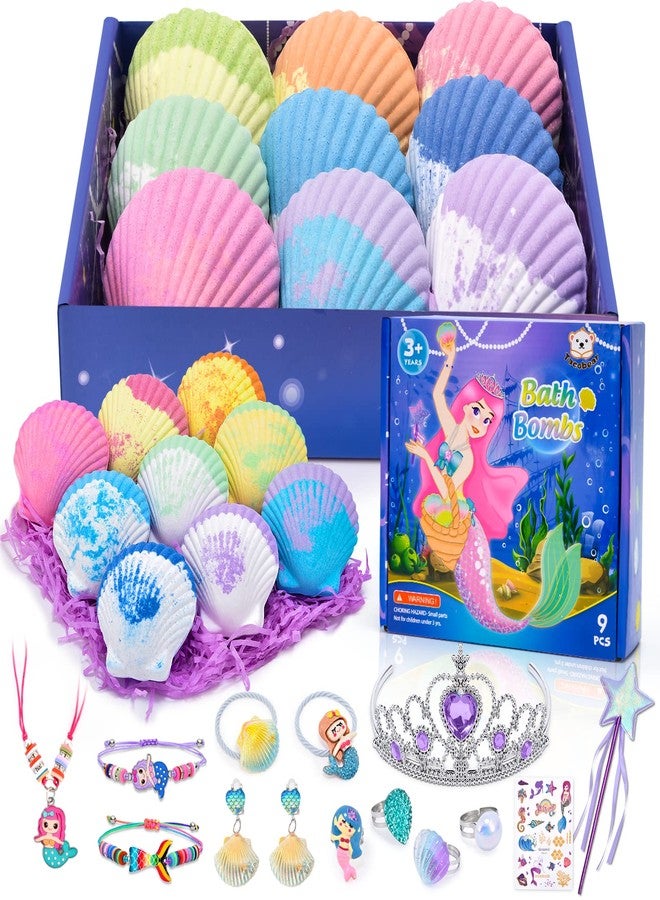 Tacobear Shell Bath Bombs for Kids Girls with Surprise Inside, 9Pcs Big Organic Natural Bubble Bath, Jewelry Set, Crown, Magic Wand, Sticker, Easter Basket Stuffers Mermaid Christmas Birthday Gift Toy - Image 1