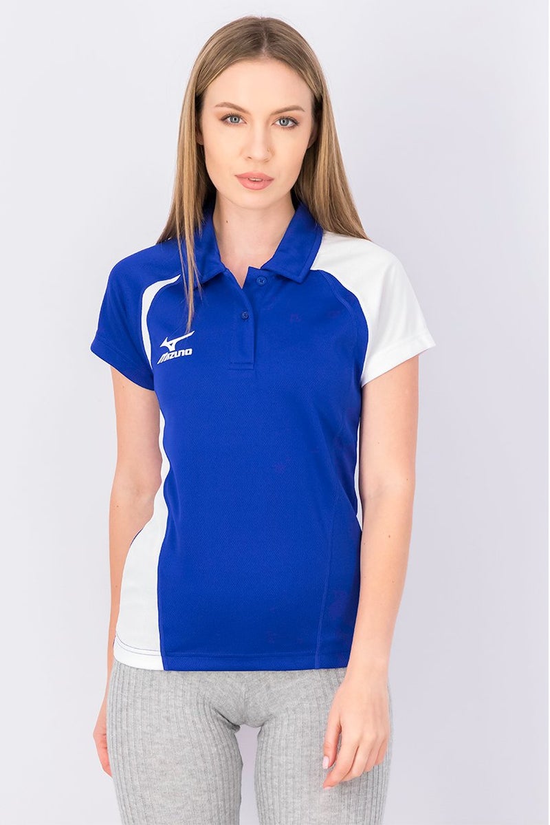 Mizuno قميص بولو رياضي قصير الأكمام للنساء، أزرق وأبيض - Image 1