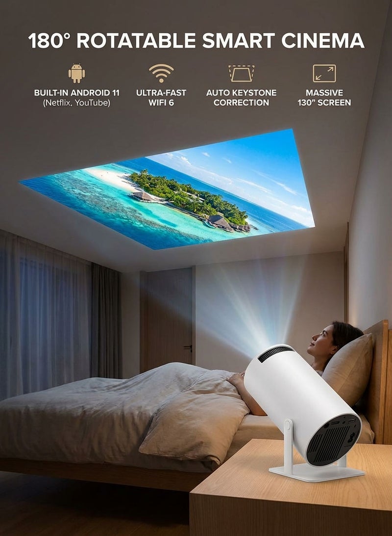 Mini Portable Projector Outdoor Movie Player, 180 Degree Rotation, Android 11.0, WiFi 6, Support 4K, Auto Keystone For Camping - White - Image 1