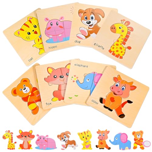 Faburo 8pcs Wooden Puzzles for Toddlers 1 2 3 4 Toddler Puzzles Ages 1 2 3 4 Montessori Educational Jigsaw Toys Puzzles Christmas Birthday Gift for Kids Girl Boy 14 Year Old Zoo Animals - Image 1