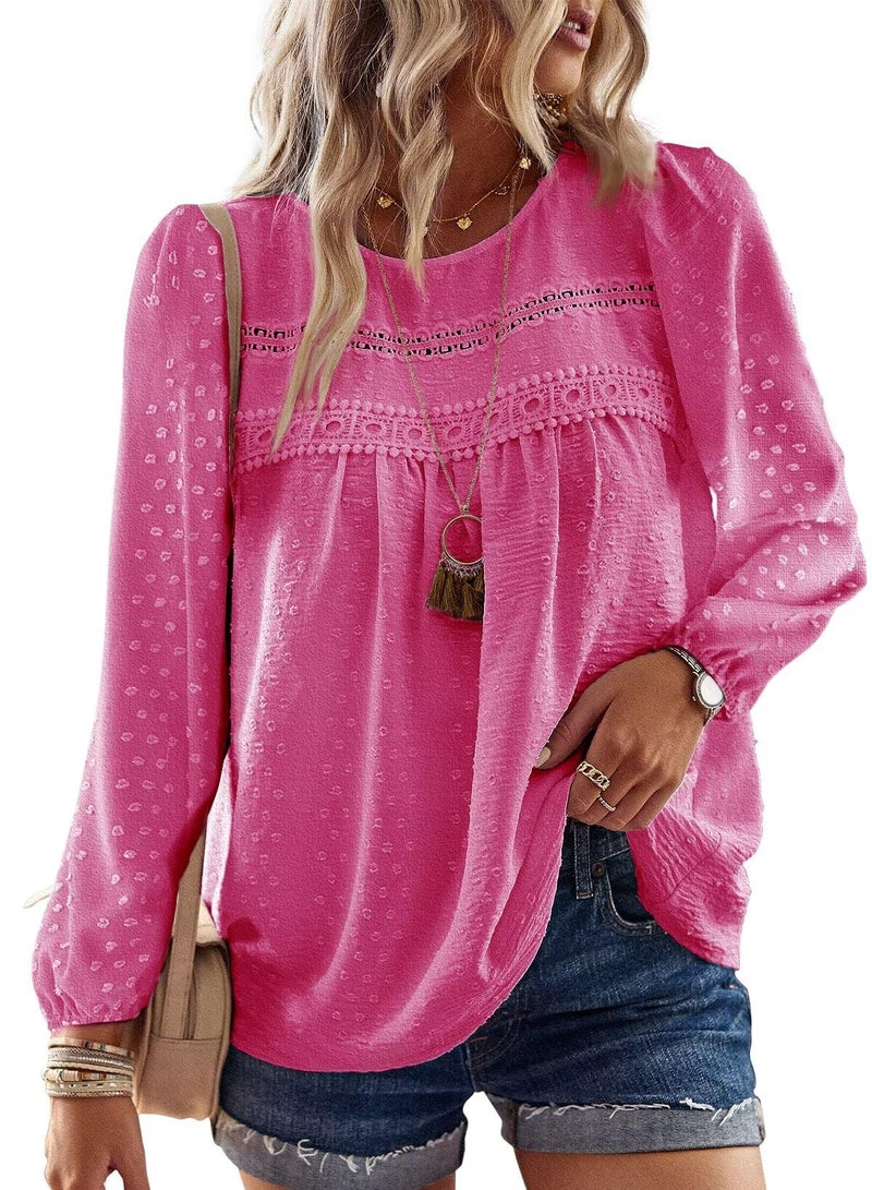 Falechay Boho Tops for Women Cute Lace Blouse Fall Solid Bohemian Pullover Flowy Round Neck Tunic Long Sleeve Girls Loose Fit Hot Pink L - Image 1