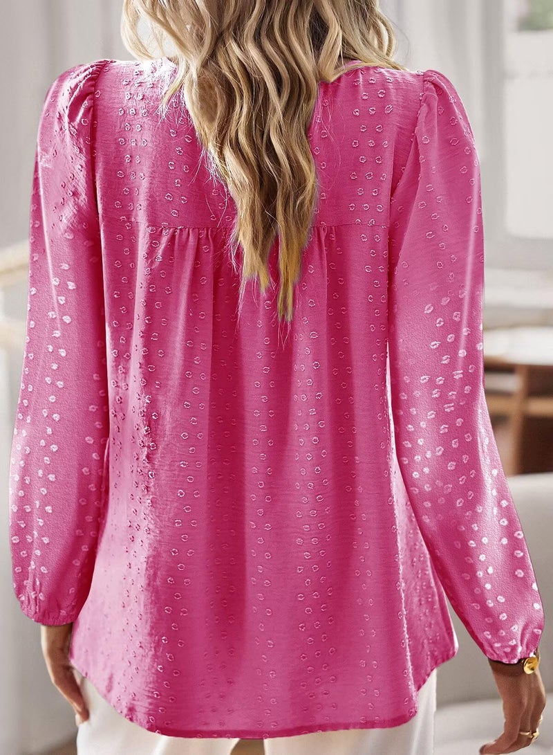 Falechay Boho Tops for Women Cute Lace Blouse Fall Solid Bohemian Pullover Flowy Round Neck Tunic Long Sleeve Girls Loose Fit Hot Pink L - Image 3