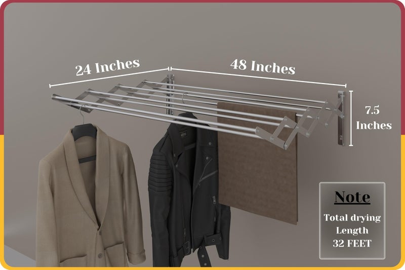 Amiraj Premium Stainless Steel Wall Mounted Clothes Drying Stand | 4 Feet, 8 Multi Rod Heavy Duty Foldable Laundry Rack | Zigzag Style Cloth Dryer Rack for Bathroom, Balcony, Indoor, Outdoor Use - Image 3