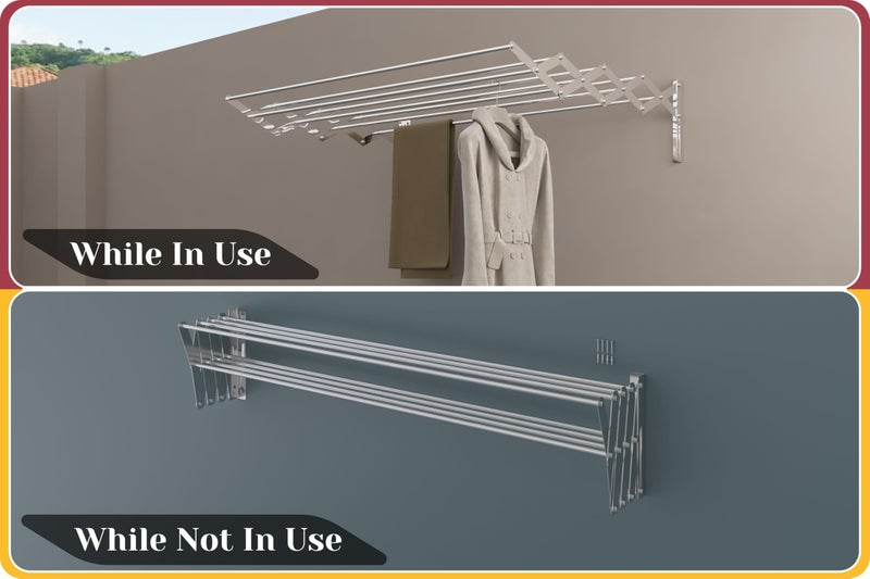 Amiraj Premium Stainless Steel Wall Mounted Clothes Drying Stand | 4 Feet, 8 Multi Rod Heavy Duty Foldable Laundry Rack | Zigzag Style Cloth Dryer Rack for Bathroom, Balcony, Indoor, Outdoor Use - Image 5