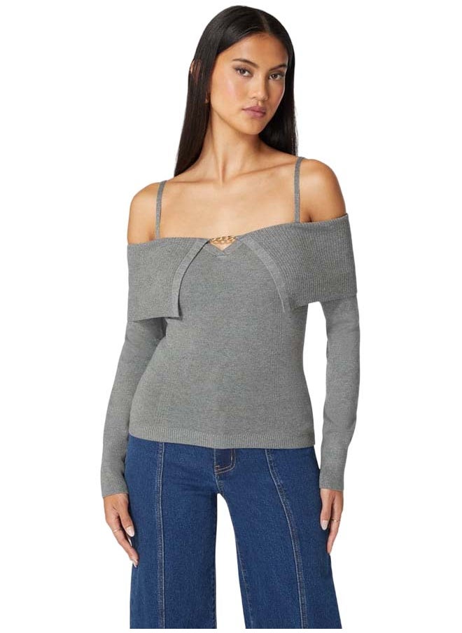 bebe Off Shoulder Fold Over Chain Detail Sweater  - Image 1