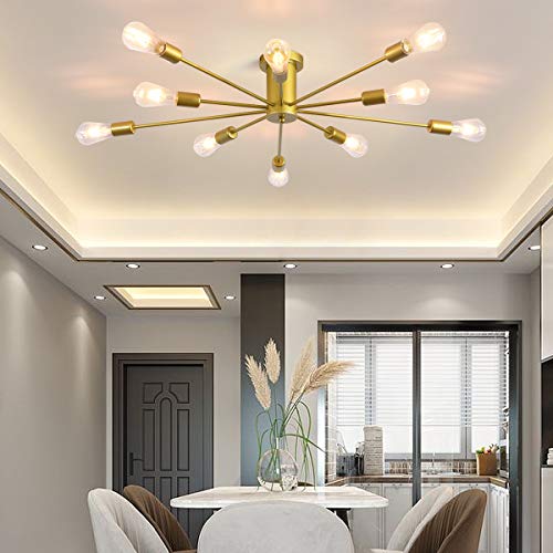 Garwarm 10 Lights Modern Sputnik Chandelier Gold Industrial Ceiling Lamp Mid Century Semi Flush Mount Ceiling Light Fixture for Kitchen Dining Room Living Room Bedroom Foyer Lighting - Image 3