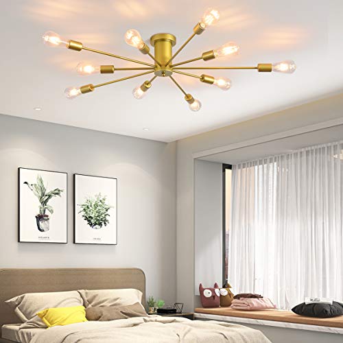 Garwarm 10 Lights Modern Sputnik Chandelier Gold Industrial Ceiling Lamp Mid Century Semi Flush Mount Ceiling Light Fixture for Kitchen Dining Room Living Room Bedroom Foyer Lighting - Image 1