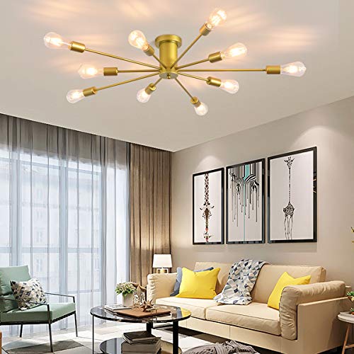 Garwarm 10 Lights Modern Sputnik Chandelier Gold Industrial Ceiling Lamp Mid Century Semi Flush Mount Ceiling Light Fixture for Kitchen Dining Room Living Room Bedroom Foyer Lighting - Image 2