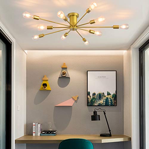 Garwarm 10 Lights Modern Sputnik Chandelier Gold Industrial Ceiling Lamp Mid Century Semi Flush Mount Ceiling Light Fixture for Kitchen Dining Room Living Room Bedroom Foyer Lighting - Image 4