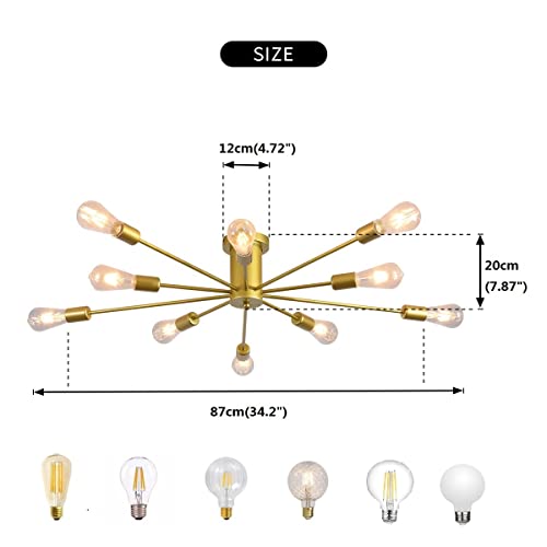 Garwarm 10 Lights Modern Sputnik Chandelier Gold Industrial Ceiling Lamp Mid Century Semi Flush Mount Ceiling Light Fixture for Kitchen Dining Room Living Room Bedroom Foyer Lighting - Image 5
