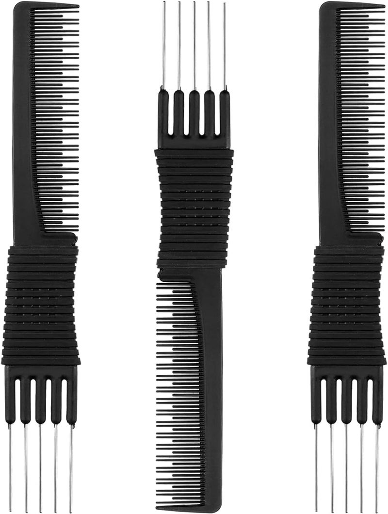 3 Pack Black Combs with Metal Prong Salon Teasing Back Combs with Stainless Steel Lift Style A