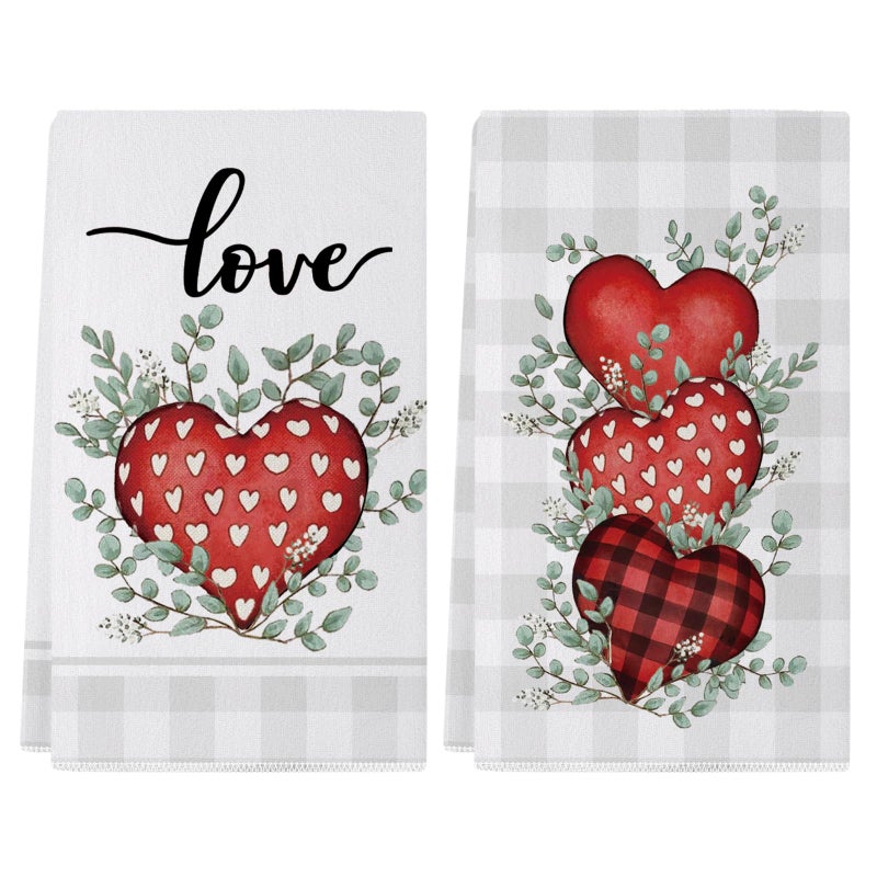 Siilues Valentines Kitchen Towels Set of 2, Plaid Love Hearts Valentines Day Dish Towels 18x26 Inch Sweet Home Kitchen Decor Drying Dishcloth Anniversary Wedding Decoration Hand Towels - Image 1