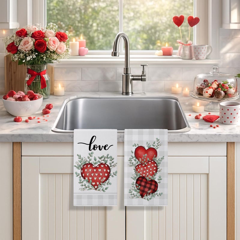 Siilues Valentines Kitchen Towels Set of 2, Plaid Love Hearts Valentines Day Dish Towels 18x26 Inch Sweet Home Kitchen Decor Drying Dishcloth Anniversary Wedding Decoration Hand Towels - Image 2
