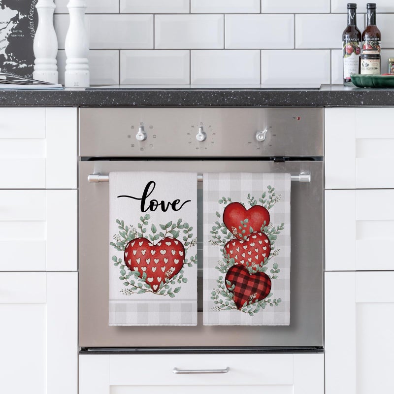 Siilues Valentines Kitchen Towels Set of 2, Plaid Love Hearts Valentines Day Dish Towels 18x26 Inch Sweet Home Kitchen Decor Drying Dishcloth Anniversary Wedding Decoration Hand Towels - Image 3