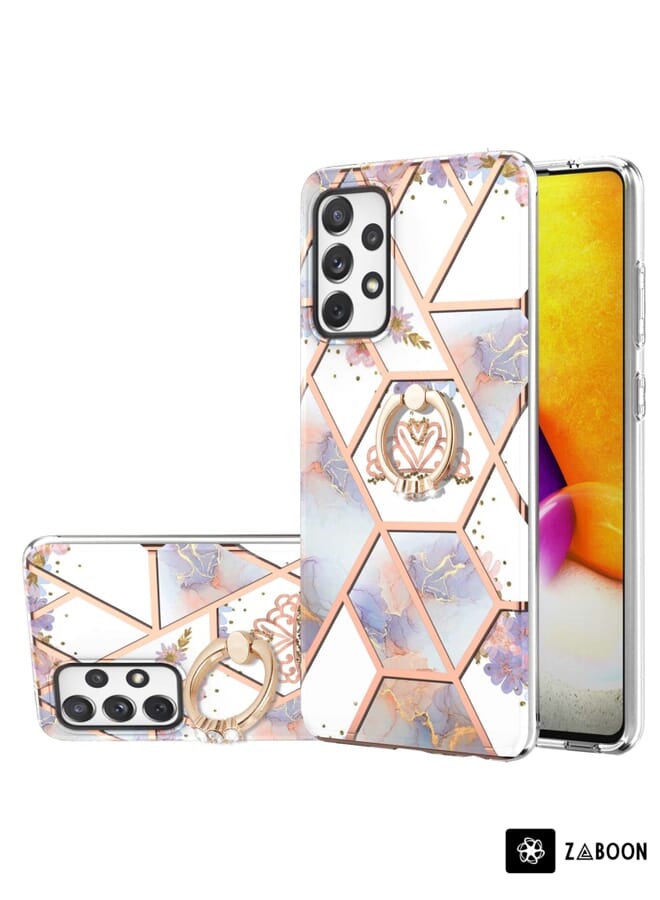 Zaboon Protective Case For Samsung Galaxy A72 5G / 4G Electroplating Splicing Marble Flower Pattern TPU Shockproof Case with Rhinestone Ring Holder - Image 1