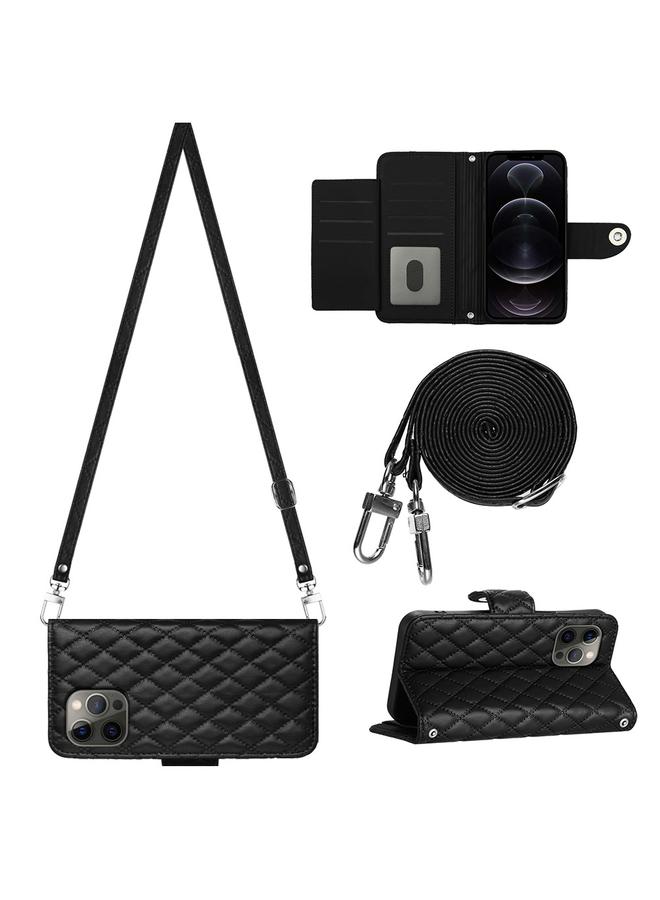 S-TOP Case For iPhone 12 Pro Max Rhombic Texture Flip Leather Phone Case with Long Lanyard - Image 1