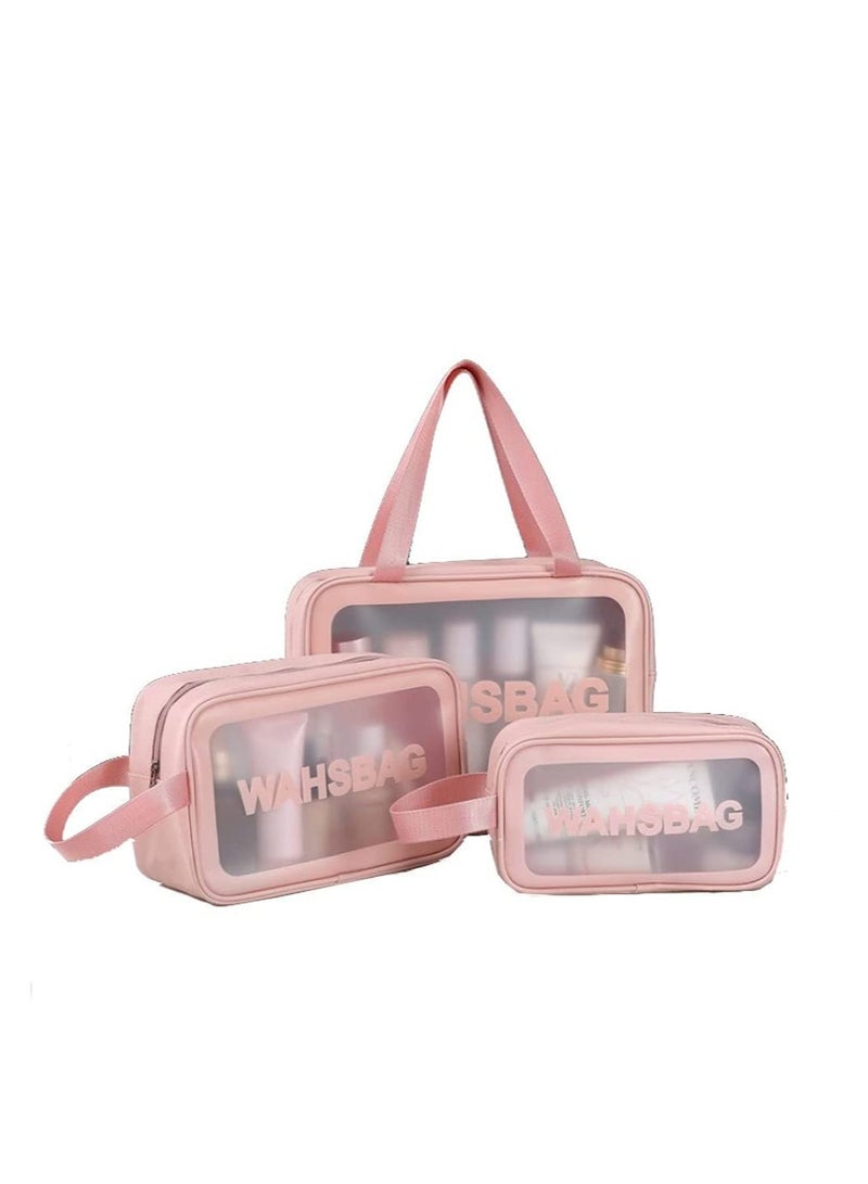 3 قطع أكياس السائبة ، مكعبات التعبئة البلاستيكية المقاومة للماء مع إغلاق سستة ومقبض حمل للنساء الأطفال الرجال ، فرشاة المكياج حقيبة حمام السباحة سبا جيم (وردي) - Image 1
