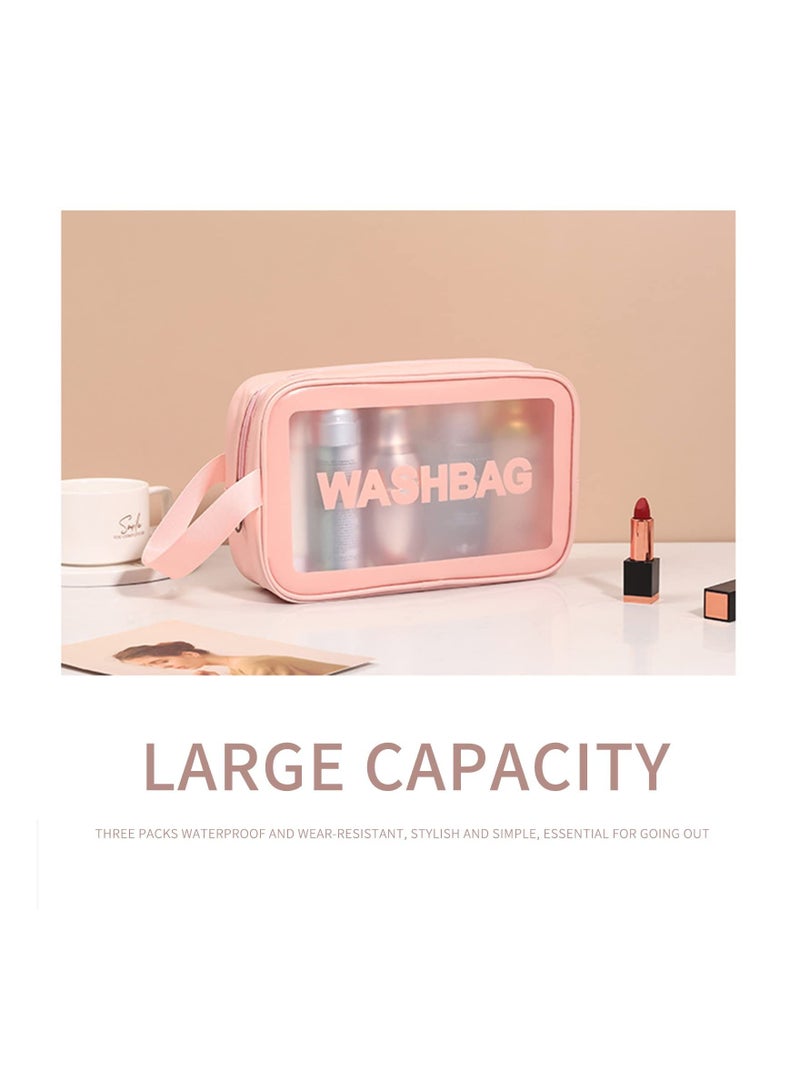 3 قطع أكياس السائبة ، مكعبات التعبئة البلاستيكية المقاومة للماء مع إغلاق سستة ومقبض حمل للنساء الأطفال الرجال ، فرشاة المكياج حقيبة حمام السباحة سبا جيم (وردي) - Image 3