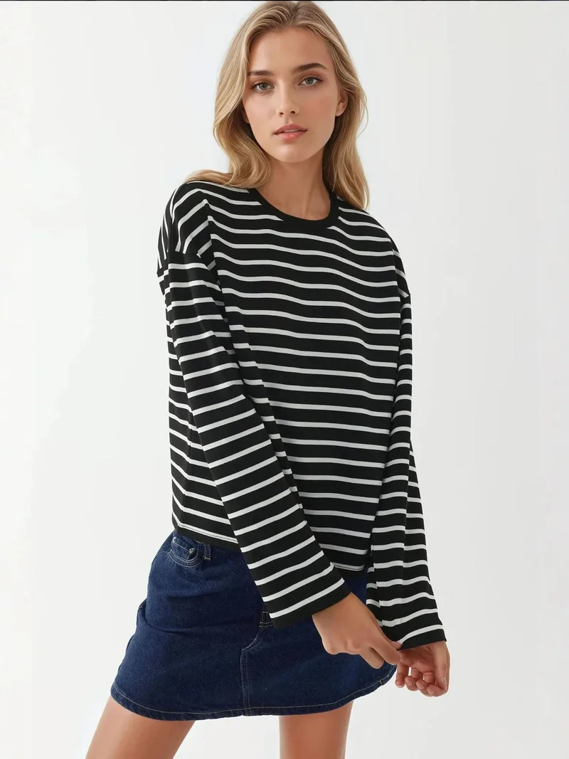 HICCUP Striped Crew Neck Long Sleeve Cotton Top