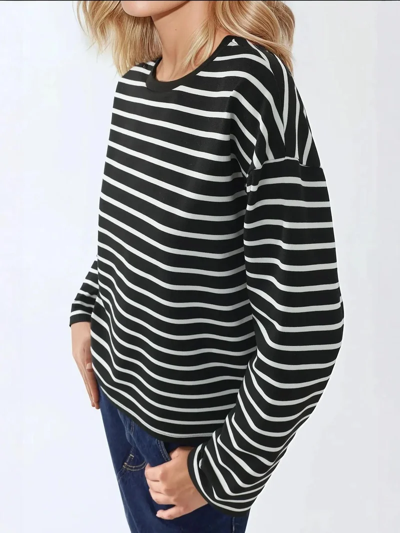 HICCUP Striped Crew Neck Long Sleeve Cotton Top