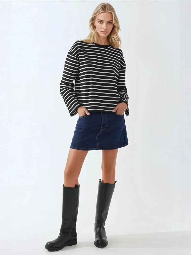 HICCUP Black Striped Crew Neck Long Sleeve Cotton Top for Women | Best Price UAE