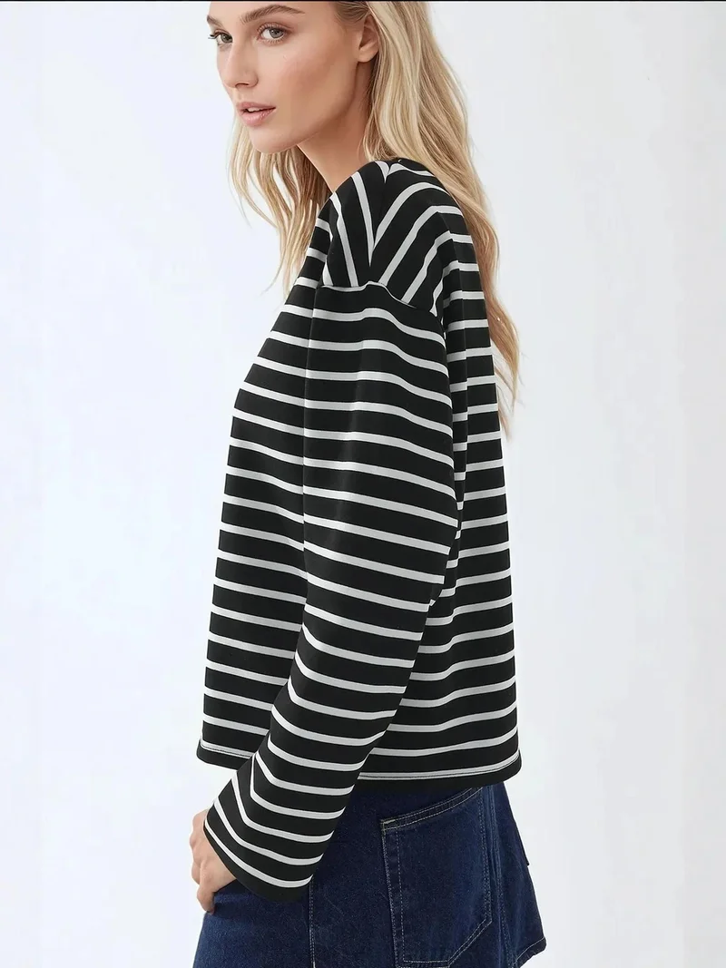 HICCUP Black Striped Crew Neck Long Sleeve Cotton Top for Women | Best Price UAE
