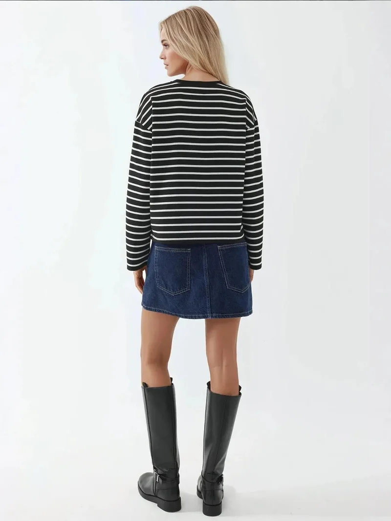 HICCUP Black Striped Crew Neck Long Sleeve Cotton Top for Women | Best Price UAE