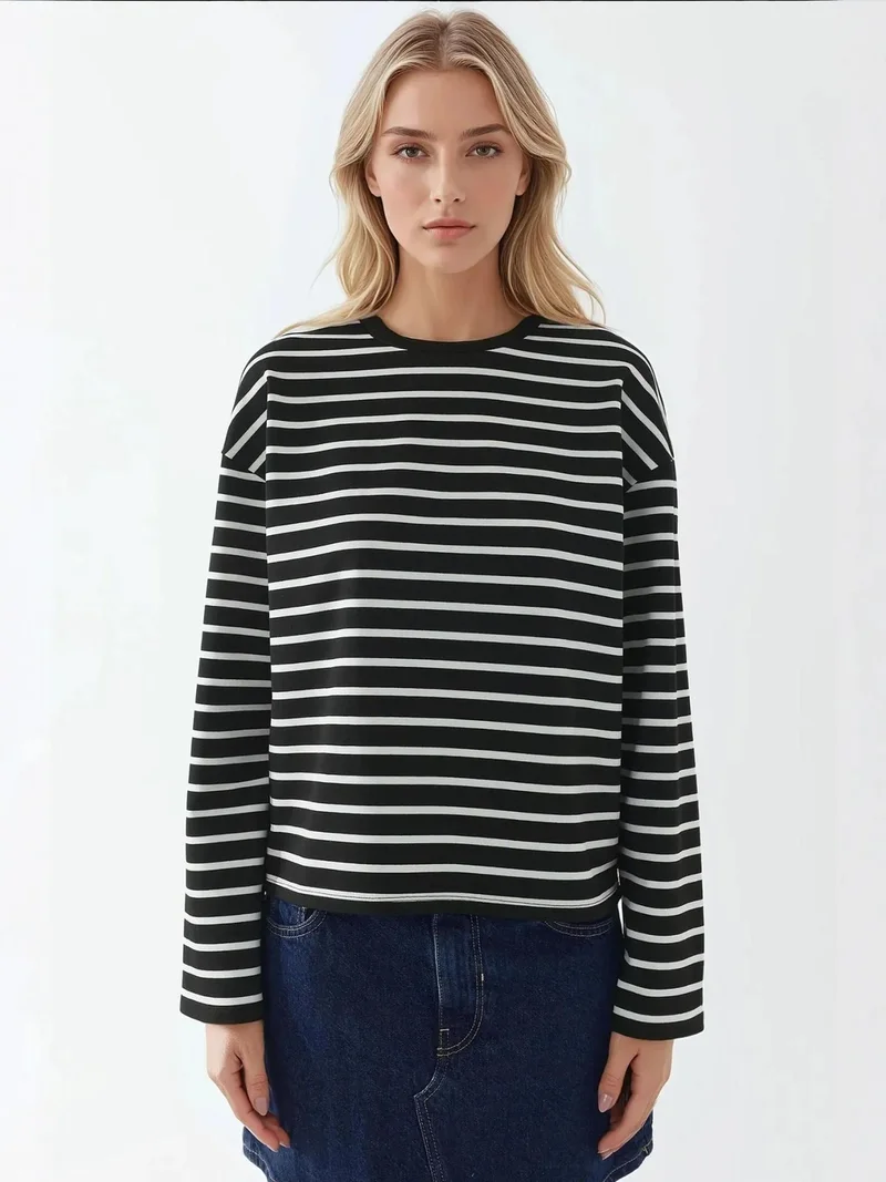 HICCUP Black Striped Crew Neck Long Sleeve Cotton Top for Women | Best Price UAE