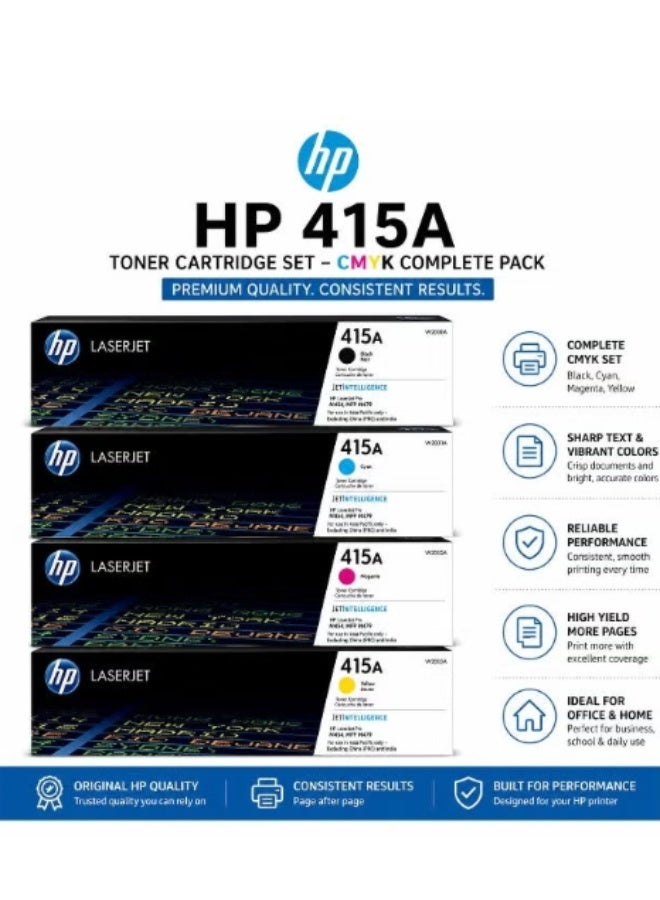 هيوليت باكارد طقم خراطيش حبر HP 415A، عبوة من 4 (أسود، سماوي، أرجواني، أصفر) لسلسلة طابعات HP Color LaserJet Pro M454, MFP M479 - Image 2