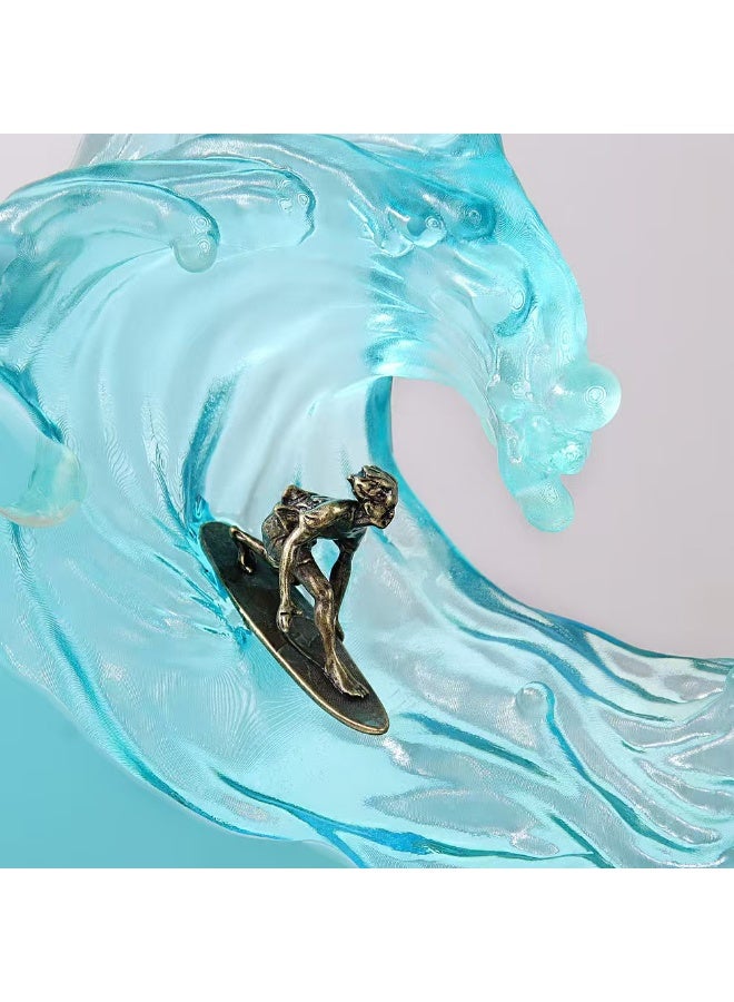 مصباح ليلي يدوي من الراتنج بتصميم موجة المحيط، مصباح LED بمشهد ركوب الأمواج، قاعدة من خشب البلوط، 21x25.5 سم - Image 3