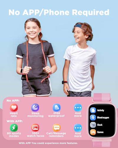 BIGGERFIVE Smart Watch for Kids, 1.8" Fitness Tracker Watch Pedometer, Heart Rate, IP68 Waterproof, Sleep Monitor, Calorie Step Counter, 5 Puzzle Games with/Without APP for Girls Teens 5-16, Nylon - Image 2