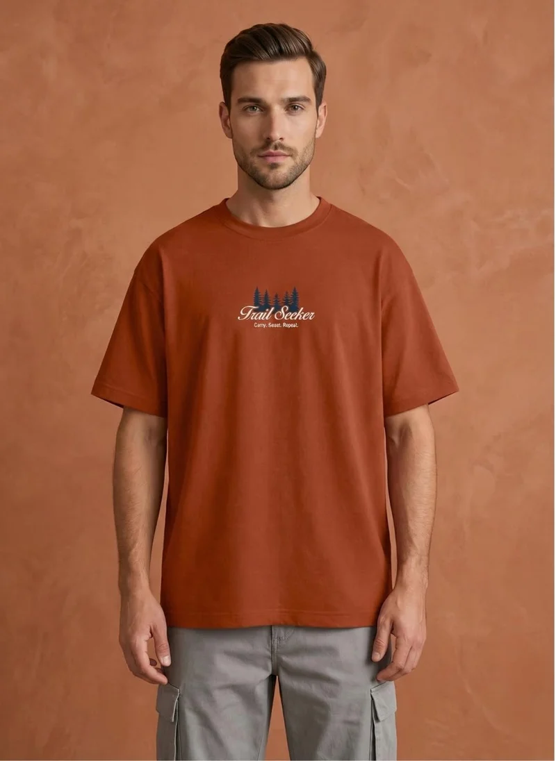 NOBERO Rust Orange Men Oversized Graphic Printed T-shirt for Men | Best Price UAE