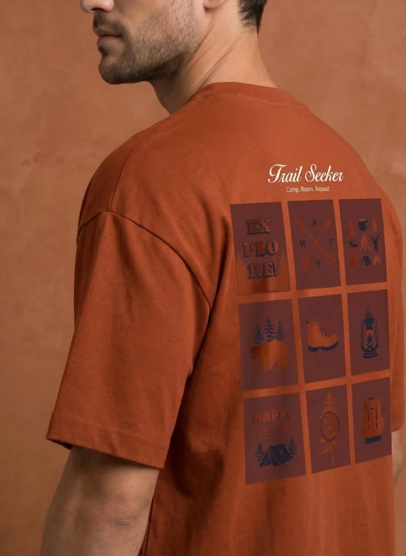 NOBERO Rust Orange Men Oversized Graphic Printed T-shirt for Men | Best Price UAE