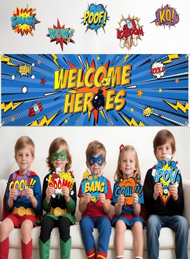 TagreSpike Hero Themed Party Decorations for Boys Fun Hero Theme Banner with Paper Cardboard Inspirational Cityscape Photography Background Welcome Heroes Banner for Comic Theme Birthday Party Baby Shower - Image 3