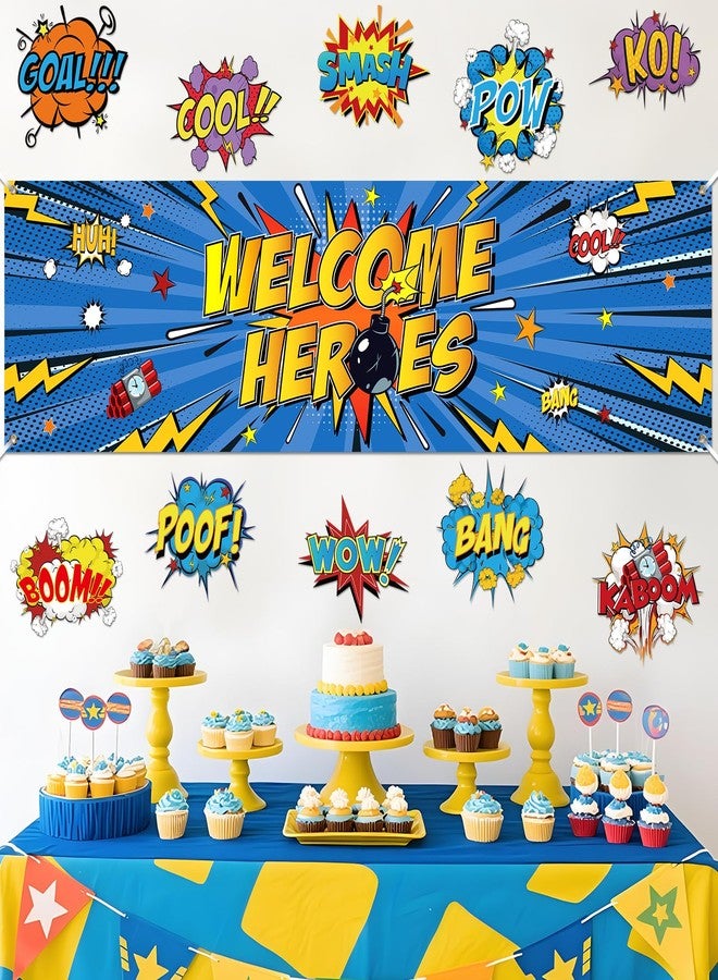 TagreSpike Hero Themed Party Decorations for Boys Fun Hero Theme Banner with Paper Cardboard Inspirational Cityscape Photography Background Welcome Heroes Banner for Comic Theme Birthday Party Baby Shower - Image 5