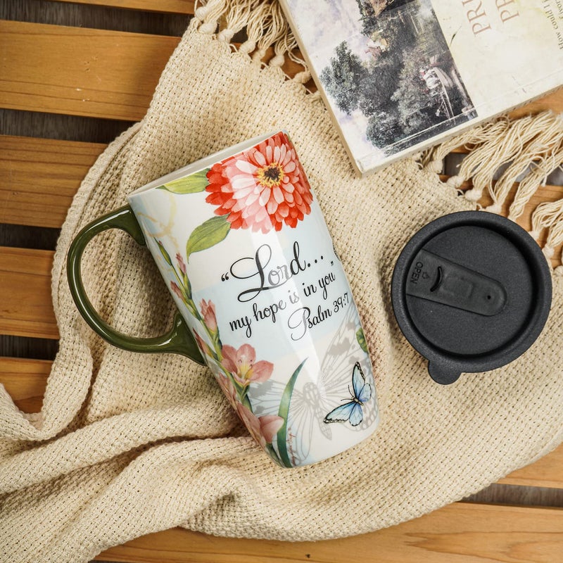DUSVALLY Ceramic Coffee Mug with Lid Porcelain Cup with Box Latte Mug 17oz Butterfly and Flower
