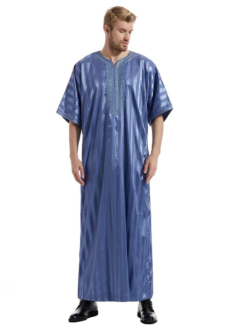 إسكدنيا Men's Solid Color Short Sleeve Kandora Islamic Arabic Embroidery Kaftan Robe Light Blue  - Image 1