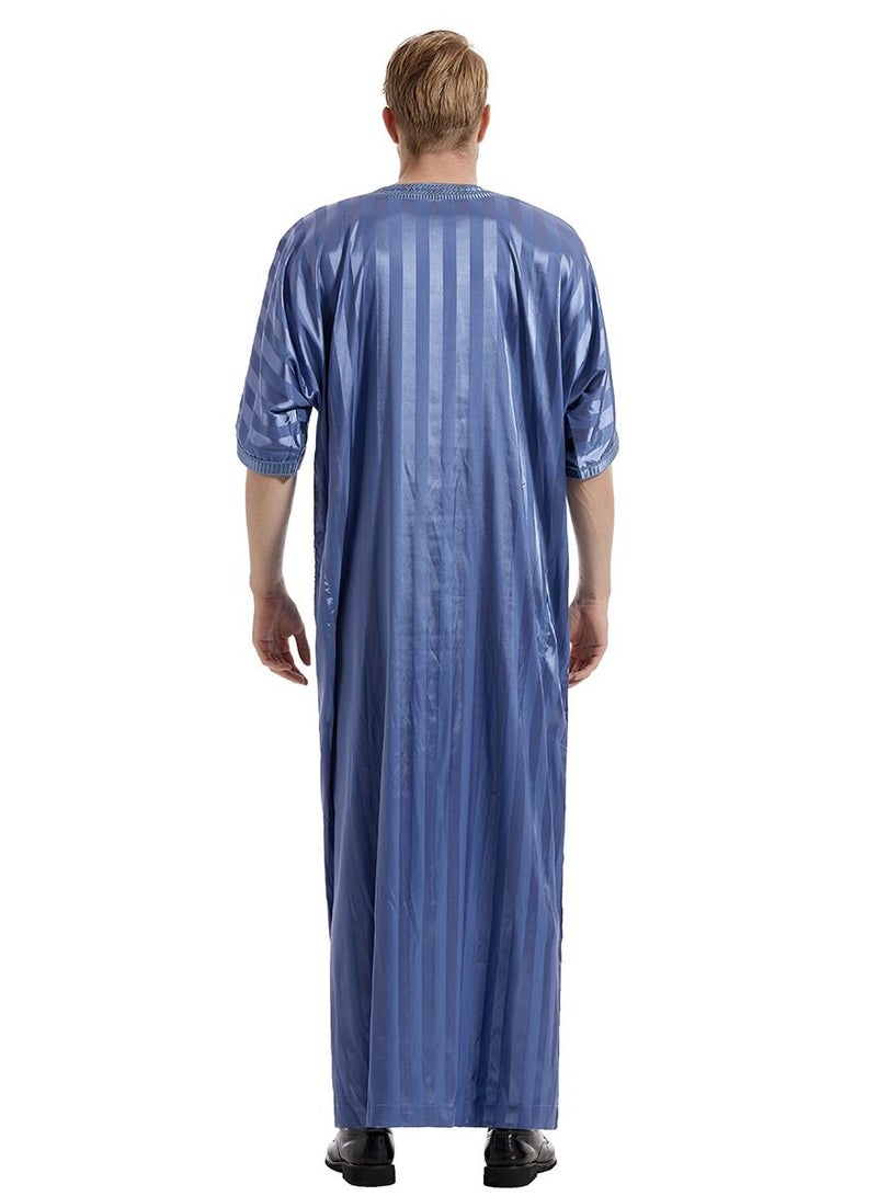 إسكدنيا Men's Solid Color Short Sleeve Kandora Islamic Arabic Embroidery Kaftan Robe Light Blue  - Image 2