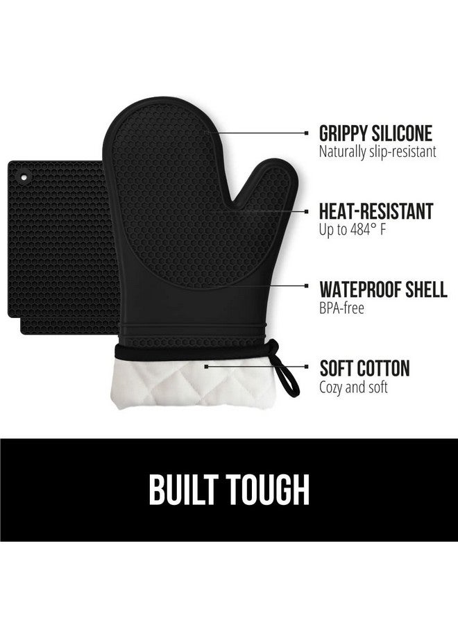 Gorilla Grip GORILLA GRIP BPA-Free Soft SIlicone Oven Mitts and Potholder Set of 4 Heat Resistant Hot Pads, Thick Cotton Lined Cooking Mitt, Long Gloves Protect Hands, Kitchen Waterproof Trivet Mats, 12.5 in Black  - Image 1